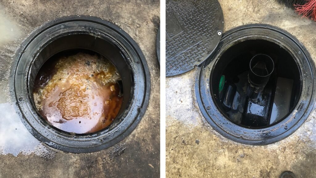 Foto de serviço realizado do Antes e depois do Desentupimento de caixa de gordura