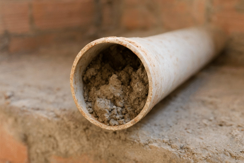 Cano de PVC entupido por restos de obra, com cimento e areia acumulados no interior —problema comum em casas novas de Palhoça.