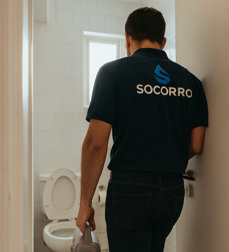 Técnico da Socorro entrando em um banheiro em Itajaí para atender um vaso sanitário entupido e transbordando.