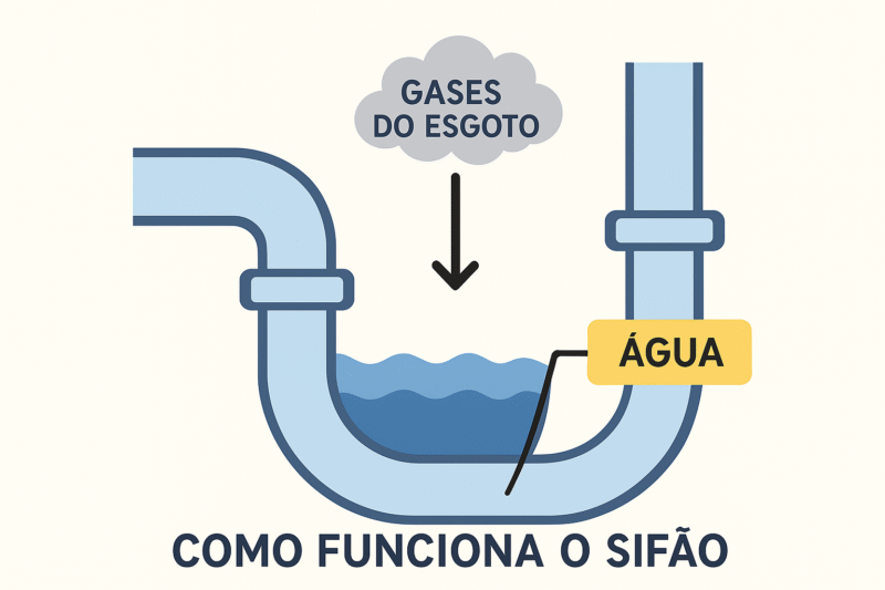 Ilustração mostrando o fecho hídrico que impede o retorno do cheiro de esgoto pelo ralo