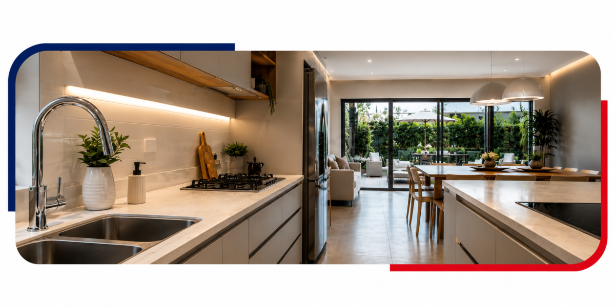 Cozinha residencial moderna representando o atendimento residencial da Socorro Desentupimento e serviços hidráulicos em Santa Catarina.