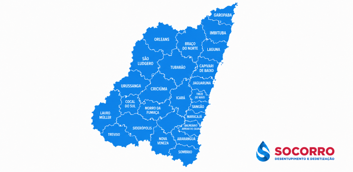 Mapa de atendimento da Desentupidora no Sul Catarinense com cidades do litoral e interior de Santa Catarina atendidas pela Socorro Desentupimento e Dedetização.