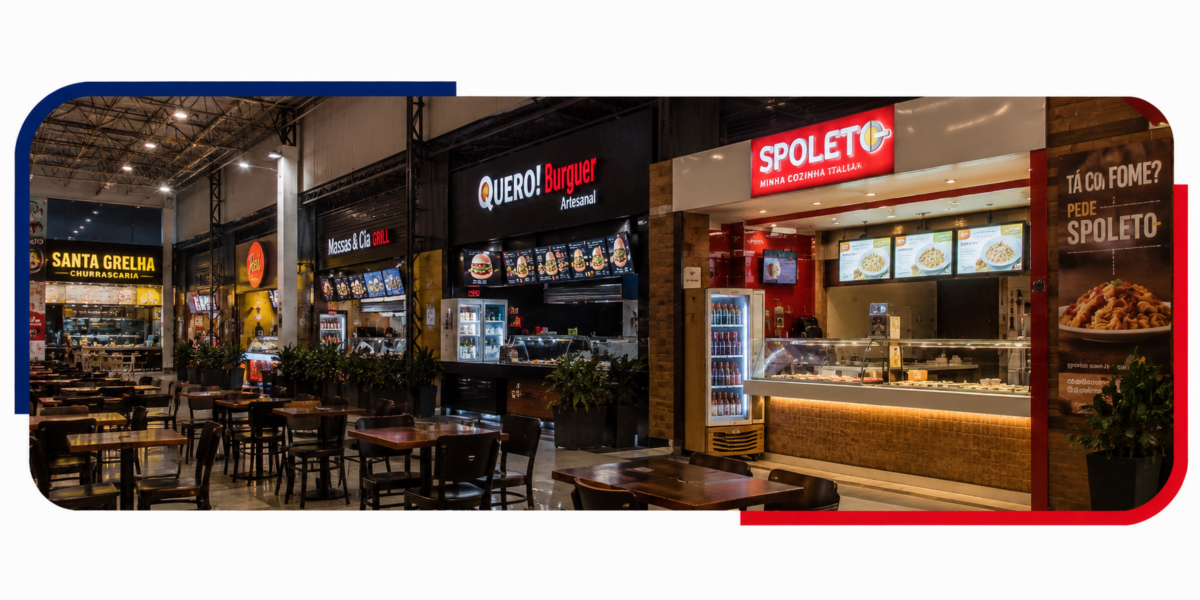 Praça de alimentação e restaurantes comerciais representando o atendimento da Socorro para comércios e estabelecimentos gastronômicos.