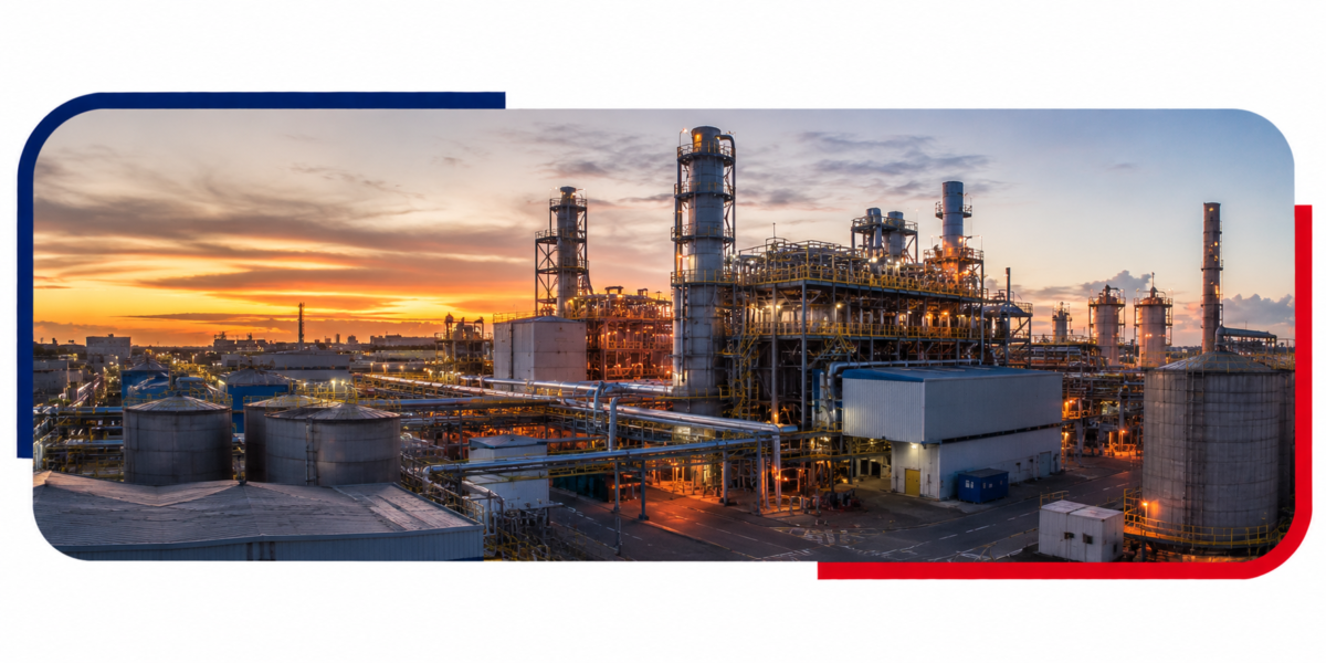 Complexo industrial representando o atendimento da Socorro para indústrias com serviços de desentupimento e manutenção hidráulica especializada.