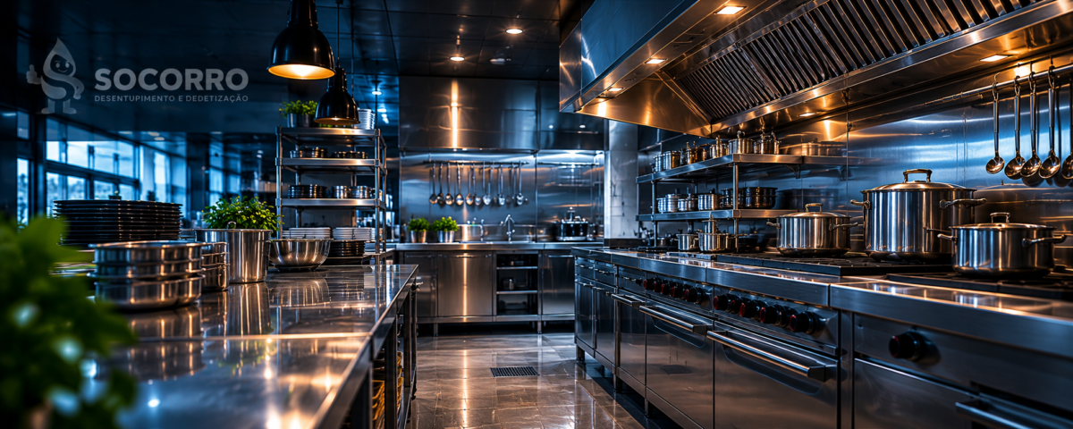 Cozinha industrial profissional em inox utilizada em operações de limpeza de caixa de gordura industrial e manutenção preventiva da rede de esgoto.