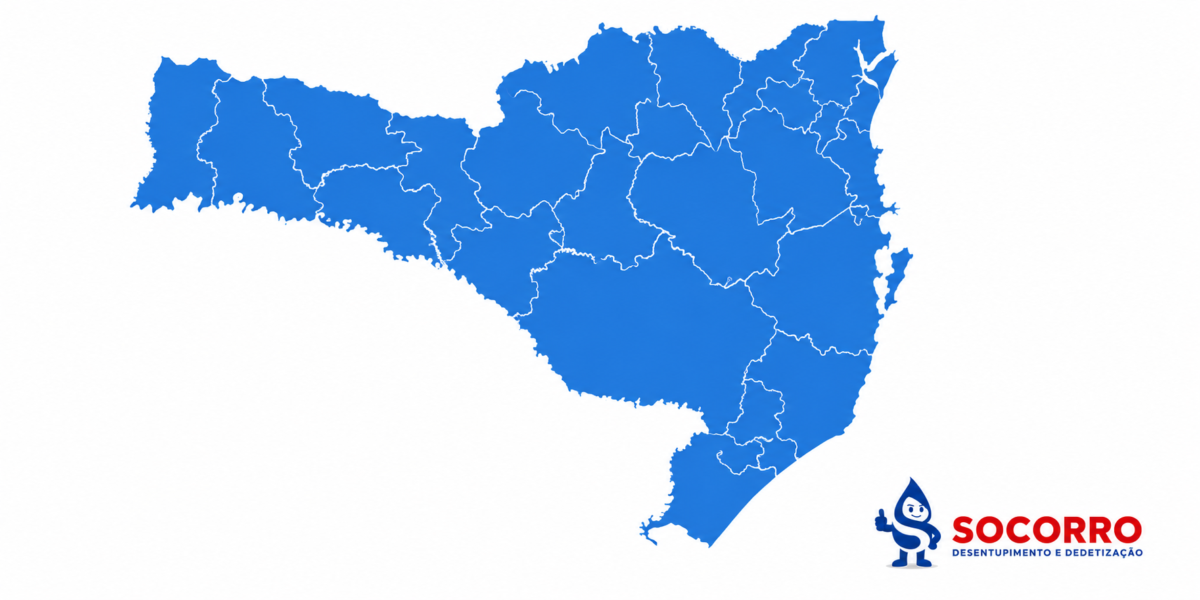 Mapa de Santa Catarina com as áreas atendidas pela Desentupidora Socorro