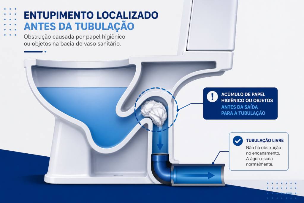 Como desentupir um vaso sanitário com obstrução de papel higiênico antes da tubulação de esgoto.