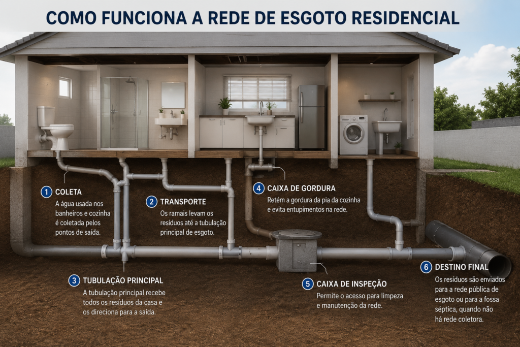 Ilustração mostrando como funciona uma rede de esgoto residencial, desde o vaso sanitário, pia e ralos até a caixa de gordura, caixa de inspeção e rede pública de esgoto.